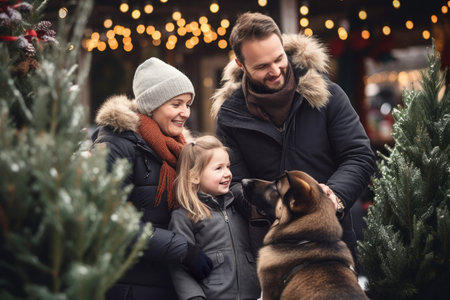 Cheerful full family while shopping outdoors on a Christmas market. The family is enjoying the festive atmosphere, exploring Christmas souvenir shops, and selecting presents for the winter holidays. People are having fun, adorned in warm seasonal outfitsの素材