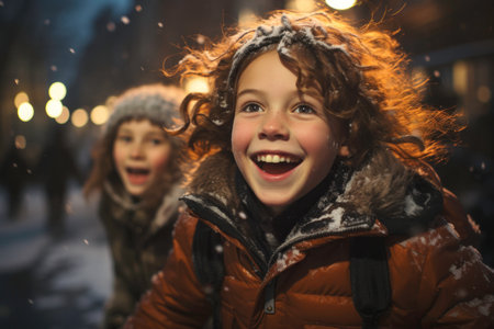 Excited girl enjoying play in the snow, laughing and having fun with friends outdoors. Winter holiday. Positive teenagers enjoying snowy winter day. Wintertimeの素材