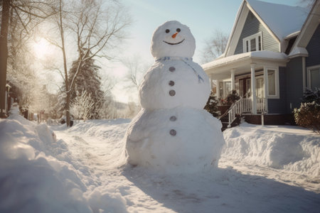 Snowman is standing nearby the house. Enjoying the snowy winter. It's a happy wintertime scene with a big smiling snowman in front of the house on a winter dayの素材