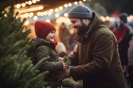 Father and his son are busy buying a Christmas tree and gifts at the festive Christmas marketplace. The marketplace is adorned with souvenirs and lights, creating a joyful atmosphere for shopping presents during the winter holidays. Shopping on Christmas marketplace. Winter holidaysの素材