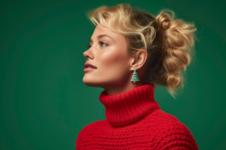 Merry Christmas. Celebrating Christmas holiday. Portrait of young woman wearing red sweater and earrings in shape of Christmas tree over plain green background. Christmas time. Holiday conceptの素材