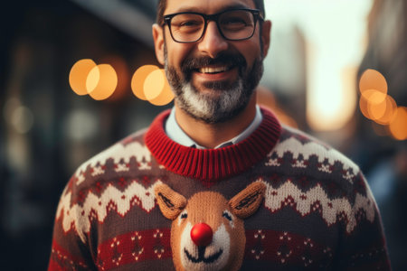Merry fun young man wearing Christmas sweater with reindeer standing next to Christmas tree in workspace. Christmas time. Merry Christmas. Holiday conceptの素材