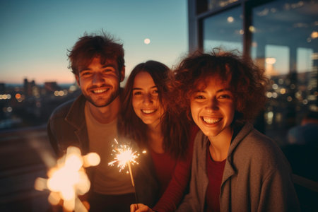 Group of young friends celebrating New Year on rooftop. People having fun at New Year's Eve Party. Friends celebrating Christmas with sparklers on the rooftop. Concept about holidays and lifestyleの素材