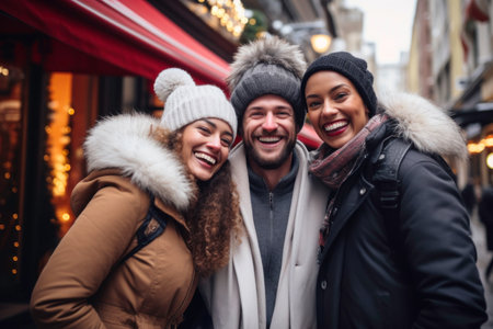 Friends standing together at Christmas fair while shopping. People enjoying the festive atmosphere, exploring Christmas souvenir shops, and selecting presents for the winter holidays. People are having fun while Christmas time. Merry Christmas. Holiday conceptの素材