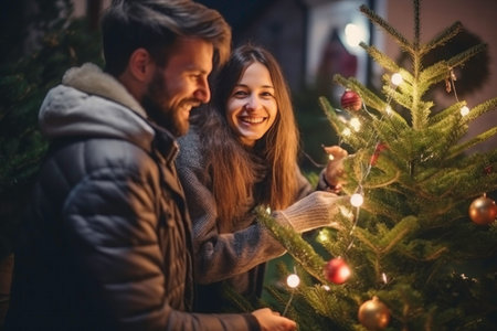Couple, man and woman, decorating Christmas tree with Christmas balls and lights. People preparing for a winter holidays at backyard of house at evening. Happy family celebrating New Year's holidaysの素材