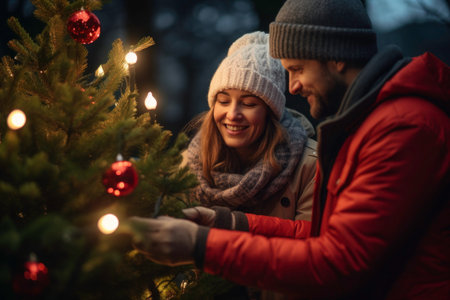 Couple, man and woman, decorating Christmas tree with Christmas balls and lights. People preparing for a winter holidays at backyard of house at evening. Happy family celebrating New Year's holidaysの素材