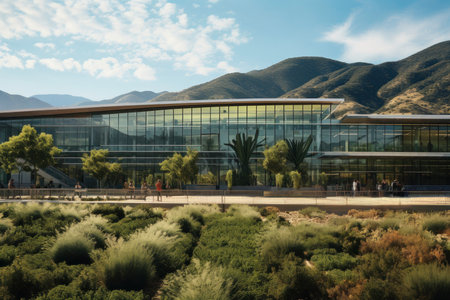 Modern university buildings. Futuristic school. Modern academy. College campus. Glass buildings. Eco-friendly university with green park. Business center. Sustainable study and work commute. Exterior of real estateの素材