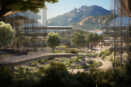 Modern university buildings. Futuristic school. Modern academy. College campus. Glass buildings. Eco-friendly university with green park. Business center. Sustainable study and work commute. Exterior of real estateの素材