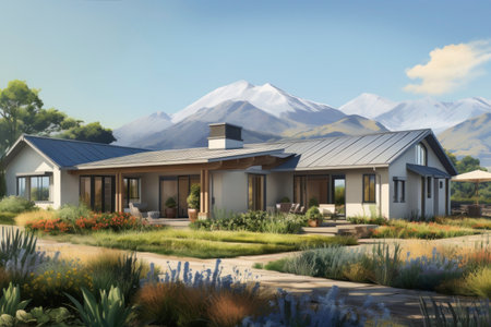 Small house near the mountains. Holiday lodge close to nature. Summer holiday cottage with garden. Exterior of real estate. Travel accommodation. Summer vacation destinationの素材