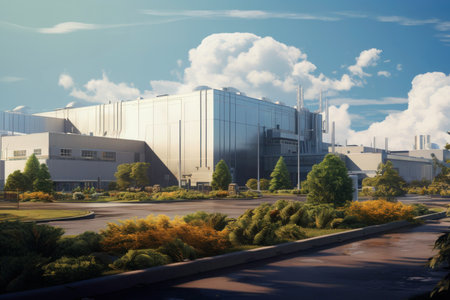 Modern office buildings. Industrial and commercial buildings. Factory building. Building for industry or business. Manufacturing plant. Industrial architecture. Commercial real estateの素材