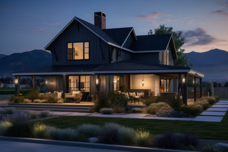 Small house near the mountains. Holiday lodge close to nature. Summer holiday cottage with garden. Exterior of real estate. Travel accommodation. Summer vacation destinationの素材