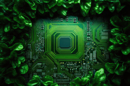 Future biotechnology concept. Biology and digital research for connections. Development of ecology and sustainability. Futuristic technology. Nature and digital integrationの素材