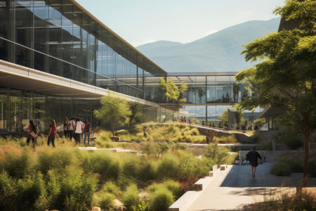 Modern university buildings. Futuristic school. Modern academy. College campus. Glass buildings. Eco-friendly university with green park. Business center. Sustainable study and work commute. Exterior of real estateの素材