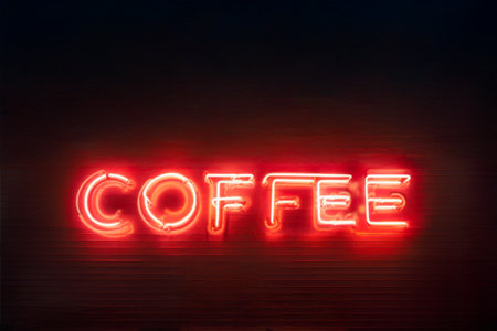 Close up of neon bright illuminating cafe sign. Cafe neon glowing sign. Advertisement of vintage cafe. Logotype of coffee shop. Retro restaurant. Vintage electric cafe neon. Design elementの素材