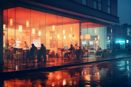 Modern glass building. Open office. Cafe interior visible from outside. Cafeteria at night. Exterior view of modern business building architecture. Reflections of light on the street. Modern coffee shop exterior. People silhouettes with laptops visible from outside. Busy interior, at dusk on rainy dayの素材
