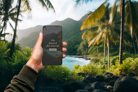 Life beyond the Internet. Work-life balance. Break from work. Disconnecting from the hustle. Taking care of mental health. Using technology responsibly. Vacation time. Summer tripsの写真素材