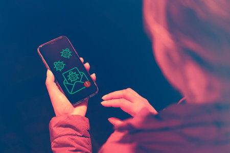 Woman received a malicious message containing a virus. An infected phone. Personal data theft. Careless practices in using electronic devicesの写真素材