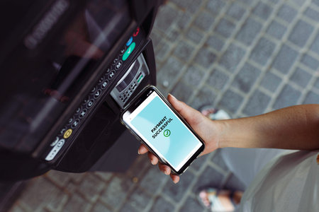 Woman paying for parking ticket using phone. Electronic payments. NFC technology. Fast mobile...