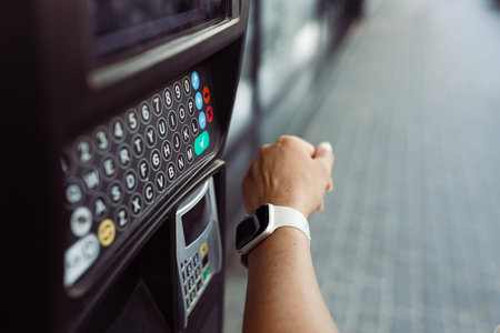 Person making contactless payment with smart watch to pay for parking. Paying at parking machine....