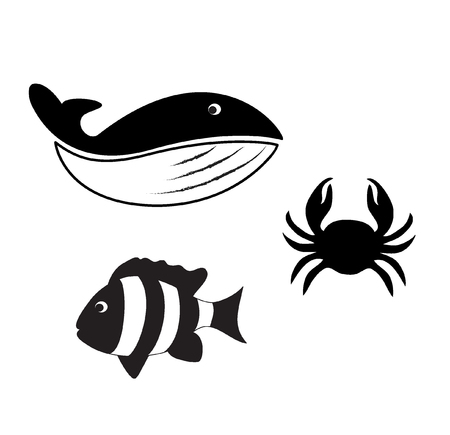 sea inhabitants, marine life, fish, whale, crab illustrated vector のイラスト素材
