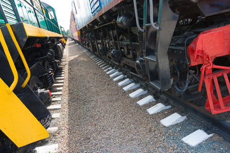locomotive and waggon on railroad stationの写真素材