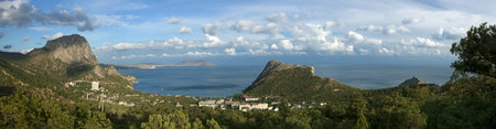 Crimea mountains and Black sea landscape, evening lighting