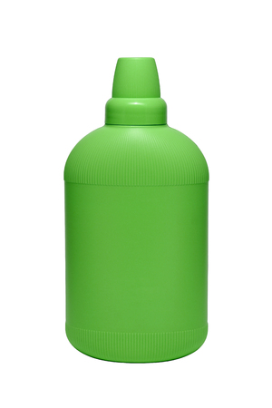 Softener conditioner in light green plastic bottle isolated on white background. Bottle with liquid laundry detergent, cleaning agent, bleach or fabric softenerの写真素材