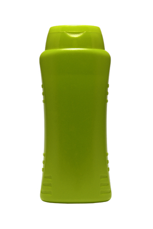 Green shampoo or shower gel bottle curved shape isolated on white backgroundの写真素材