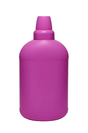 Softener conditioner in purple plastic bottle isolated on white background. Bottle with liquid laundry detergent, cleaning agent, bleach or fabric softenerの写真素材