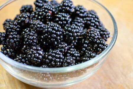 wild blackberries in glass bowlの写真素材