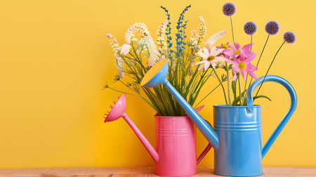 Colorful flowers in watering can on wooden table and yellow wall backgroundの素材