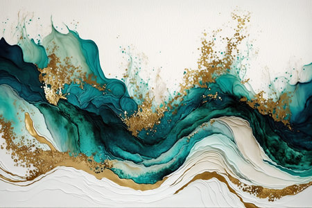 Abstract blue, gold and white marble background. Alcohol ink technique.