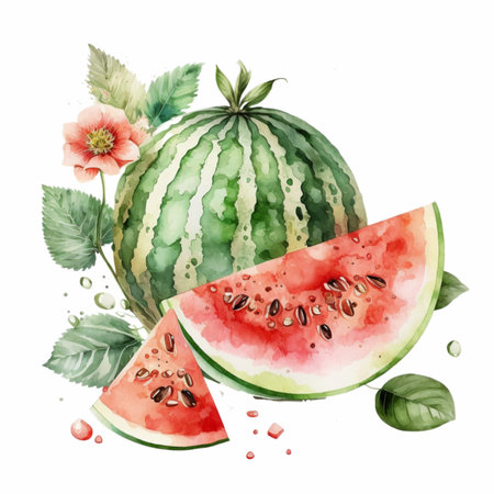 Watercolor illustration of watermelon with leaves and flowers, hand drawn on a white backgroundの写真素材