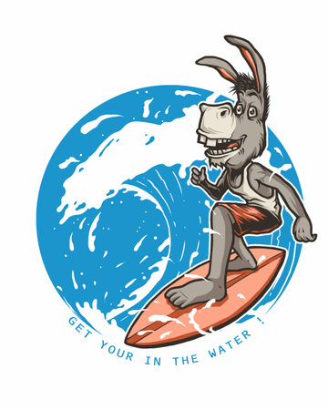 donkey with surfboard on the background of the sea vector illustrationの写真素材