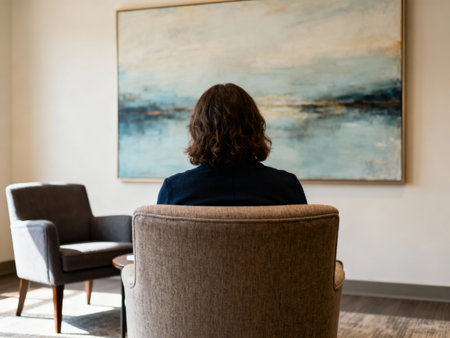 Rear view of young woman sitting in armchair at creative officeの素材