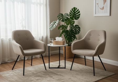 Modern living room interior with two armchairs and coffee table. 3d renderの素材