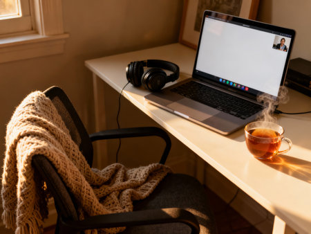 Workplace with laptop, headphones and a cup of hot tea.の素材