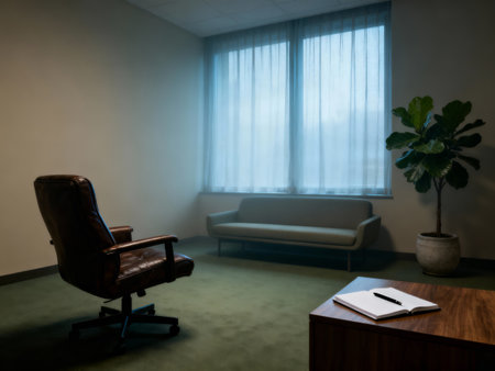 Office interior with armchair and notepad on the table, stock photoの素材