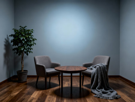 Interior of modern living room with grey walls, wooden floor and sofaの素材