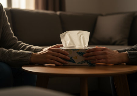 Young woman opening box of tissues at table in room, closeupの素材