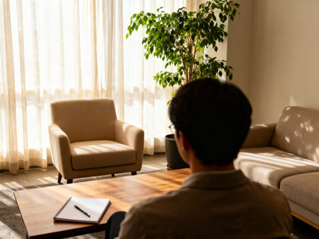 Asian man sitting on sofa in living room at home, back viewの素材