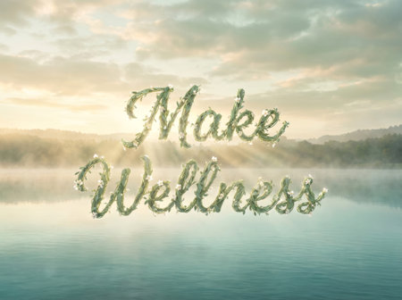 Merry Christmas and Happy New Year greeting card. Calligraphic inscription made of flowers on the background of the lake.の素材