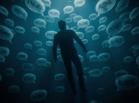 Silhouette of a man in front of a wall full of fishの素材
