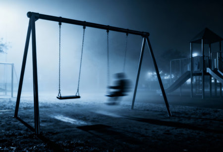 Silhouette of child swinging on a swing in the playground at nightの素材