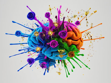 3d rendering of brain made of colorful paint splashes on white backgroundの素材