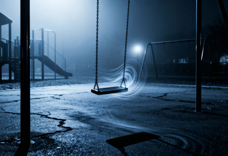 Swing on the playground at night in the fog. Selective focus.の素材