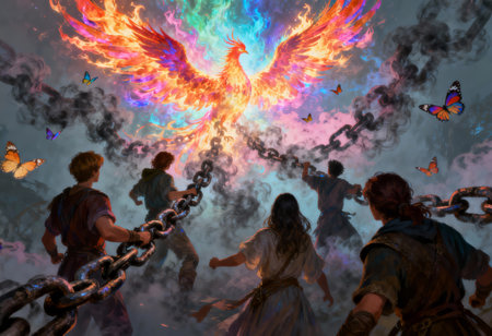 Resilience and Recovery: People Breaking Free from Chains with the Rise of the Phoenixの素材