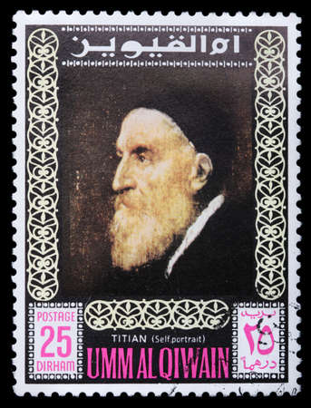 UNITED ARAB EMIRATES - CIRCA 1975: Postage stamps printed in United Arab Emirates shows self-portrait of the artist Titian, circa 1975の写真素材