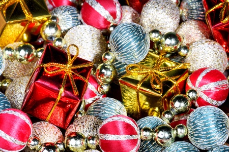 Christmas garland and gift boxes, shallow depth of fieldの写真素材