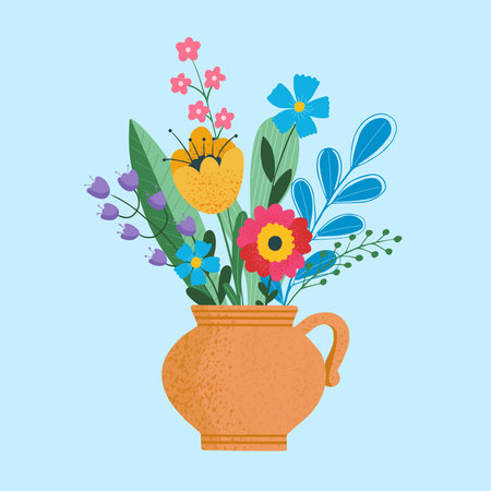 Isolated beautiful flower bouquets in wrapping and blooming plant in clay or plastic flowerpots. Tulip and bud composition. Decorative florist shop item on blue backgroundのイラスト素材